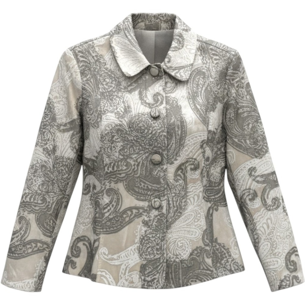Chicos Womens Size 2 Grey Cream Silk Blend Paisley Button Front Jacket Blazer